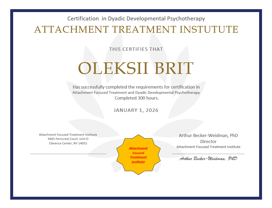 Сертифікат курсу з Діадично-Розвиткової психотерапії від Attachment Focused Treatment Institute, NY, USA