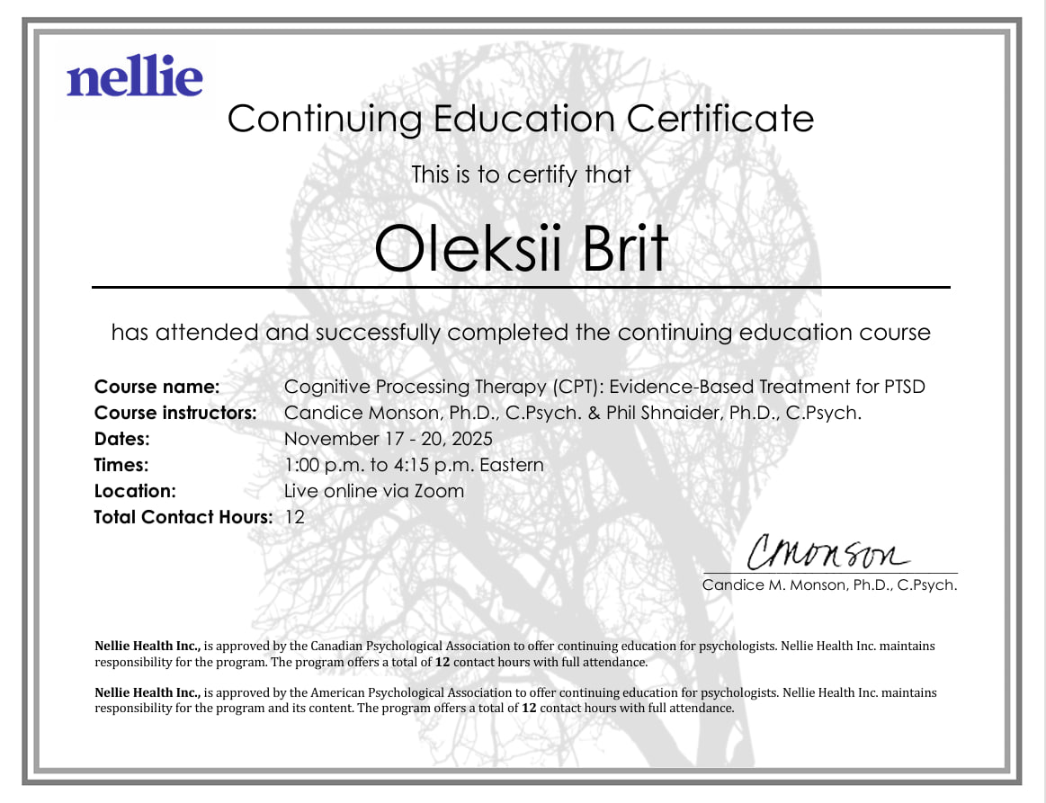 Сертифікат тренінгу Cognitive Processing Therapy (CPT) від Nellie Health