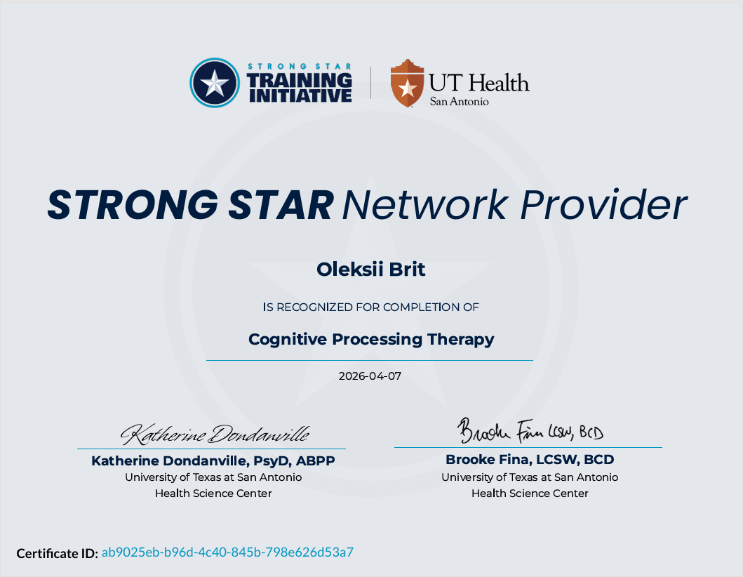 Сертифікат STRONG STAR Network Provider — Cognitive Processing Therapy