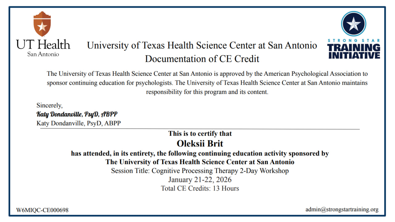Сертифікат Cognitive Processing Therapy 2-Day Workshop від UT Health San Antonio / STRONG STAR